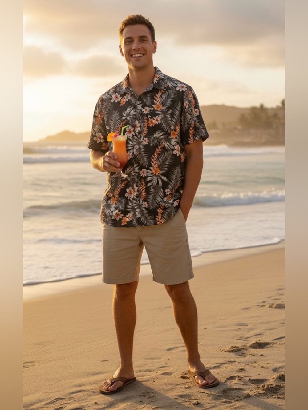Hurley NEW! Black Camp Shirt with Orange & White Tropical Theme